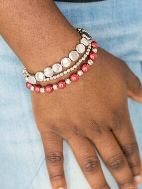 paparazzi Red and Silver Multi-Strand Bead Bracelet Set